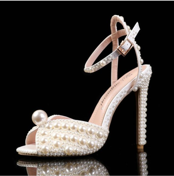 2024 New Famous High Thin Heels Shallow Mouth Rhinestone Pearl Women's Single Wedding Dress Bridal Shoes