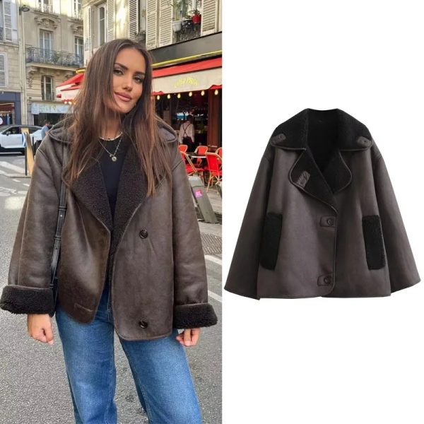 TRAF Woman Thick Faux Leather Jackets for Women Autumn Winter Warm Wool Blends Coats Demi-season Plush Jacket Outerwear 240815