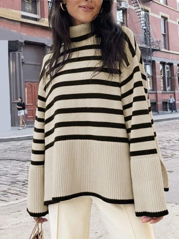 Black And White Stripe Sweater Streetwear Loose Tops Women Pullover Female Jumper Long Sleeve Turtleneck Knitted Ribbed Sweaters 240815