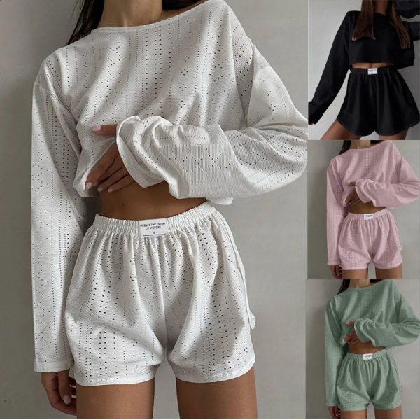 Womens Pajamas Set Spring Long Sleeve Tops With Shorts Sleepwear 2 Piece Loose Round Neck Home Wear Loungewear Pyjama Femme 240815