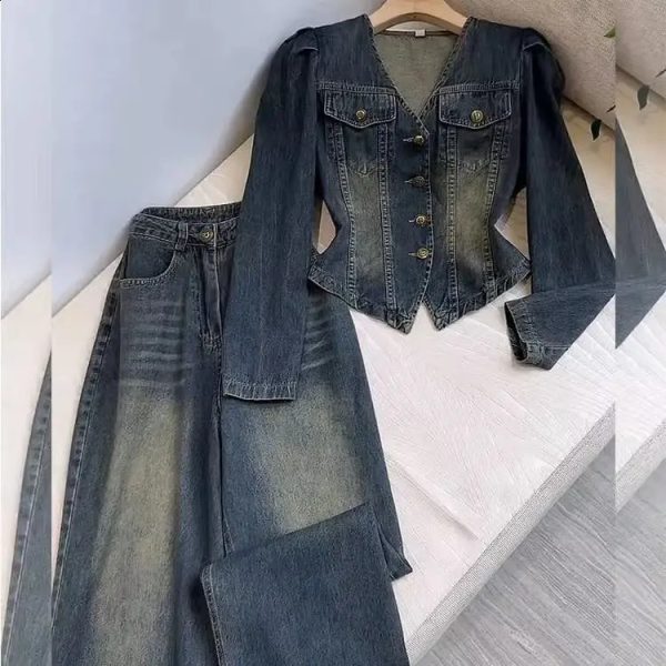 V Neck Denim Coat Wide Leg Jeans Trousers 2 Piece Sets Womens Outfits Y2k Suits Vintage Autumn Winter Jacket Loose Pants 240815