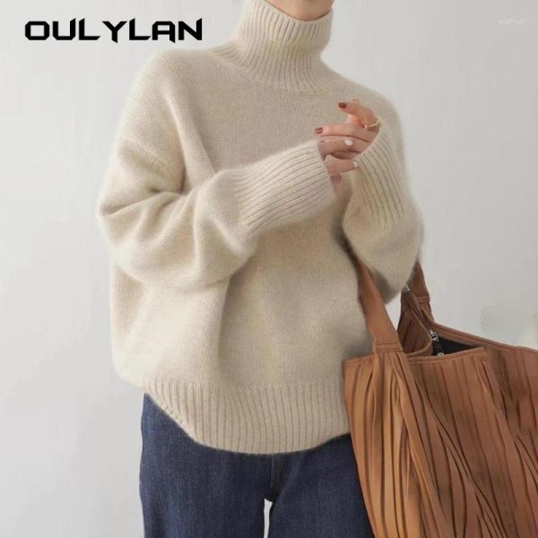 Women's Sweaters Cashmere Knitted Sweater For Women Elegant High Collar Turtle Neck Loose Thicken Warm Solid Color Knitwear Jumper