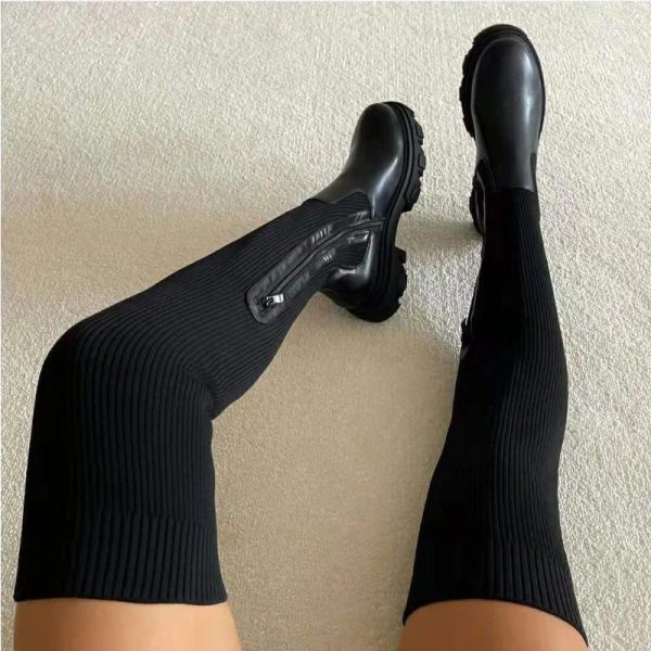 Boots Women Thick Sole 2024 Autumn Winter Breathable Knitting Sock Ladies Thigh High Stretch Round Toe Shoes Plus Size 43