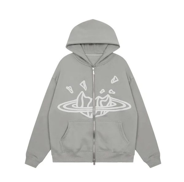 Y2k Men's Hoodies Heavyweight pure cotton space gray printed hoodie set with American trendy zippered jacket