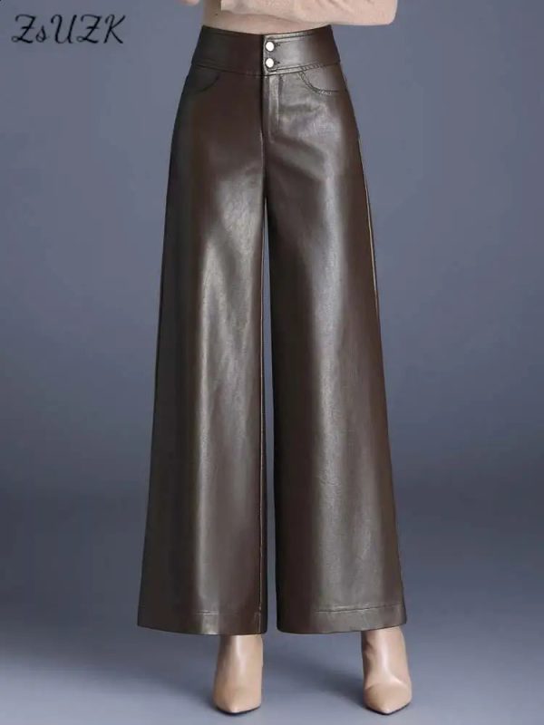 ZUZK High Quality Women PU Leather Wed Leg Pants Autumn Winter Fashion Warm Long Leather Pants Elegant LeatherTrousers 240816