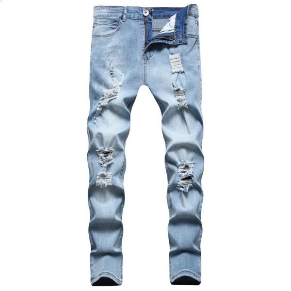 American mens summer patch denim pants open top tight jeans ankle length slim fit casual 240816