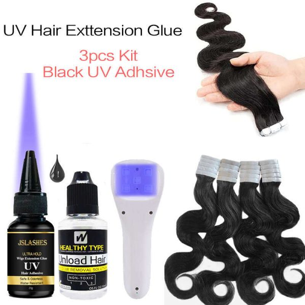 3Pcs Black Wig UV Light Technology Hair Extension Glue Set Tape Extension Adhesive Uv Light Hair Extensions Tools