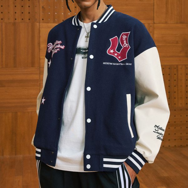 Veidoorn Preppy Varsity Jacket for Men Teenagers Chic Letter Print Heavy Embroidery Casual Baseball Coat for Fall and Winter Long Sleeve Daily Wear