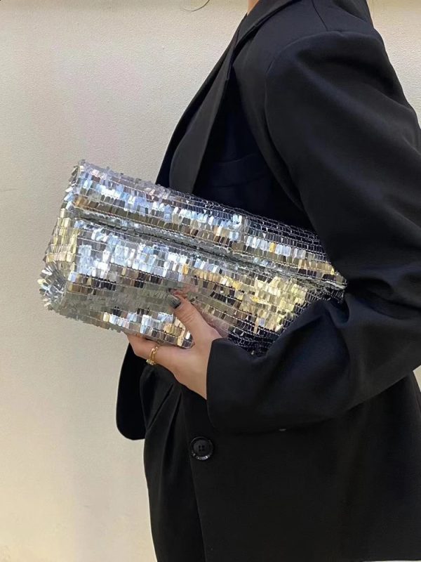 Women Silver Evening Clutch Bag y er Shining Sequins Party Wedding Purse Fashion Trends Handbag Black Metal Wallet 240819