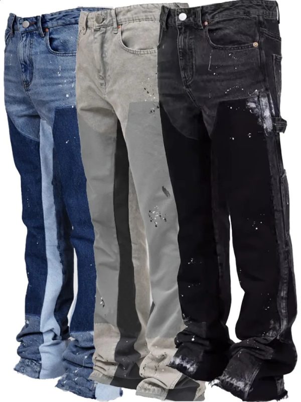 Y2k Jeans Painting Patch Baggy Stacked Jeans Fashion Work Wear Stretch Patch Denim Stacked Flare Streetwear Pants 240819