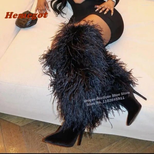 Boots Black Furry Knee-Length Pointed Toe Stiletto Heels Women's Long Winter 2024 Est Casual Runway Shoes Warm Luxury