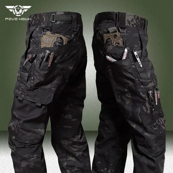 Black Camo Cargo Pants Outdoor Multi-pocket Ripstop Waterproof Trousers Male Autumn Wear-resistant Training Fishing Work Pant 240820