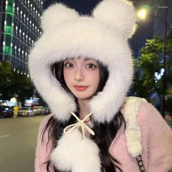 Berets Cute Bear Ear Plush Hats For Women Girls Fluffy Thicken Imitation Mink Hair Protection Bomber Outdoor Warmer Caps