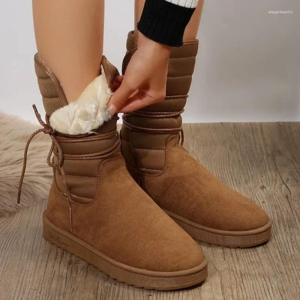 Boots 2024Platform Mid-calf Womens Winter Warm Plush Suede Snow Waterproof Designer Flats Lace Up Cotton Shoe