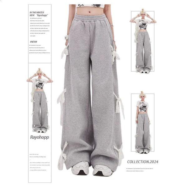 Womens gray bow oversized sports pants Y2k retro 2000s high waisted pocket mens Harajuku streetwear wide leg glitter clothing 240821