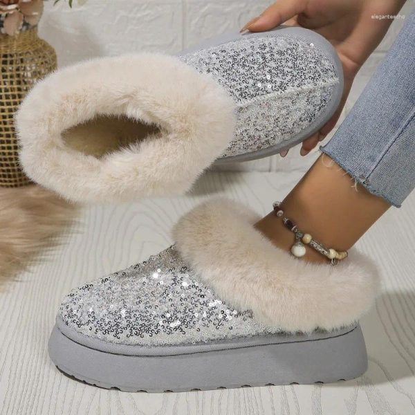 Boots 2024 Fashion Sequined Cloth Warm Snow Woman Non-Slip Thicken Plush Ankle Booties Faux Fur Winter Women