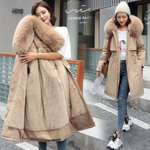 Winter jacket womens Parka clothing long coat wool lining hooded fur collar thick warm chiffon fashionable 240822