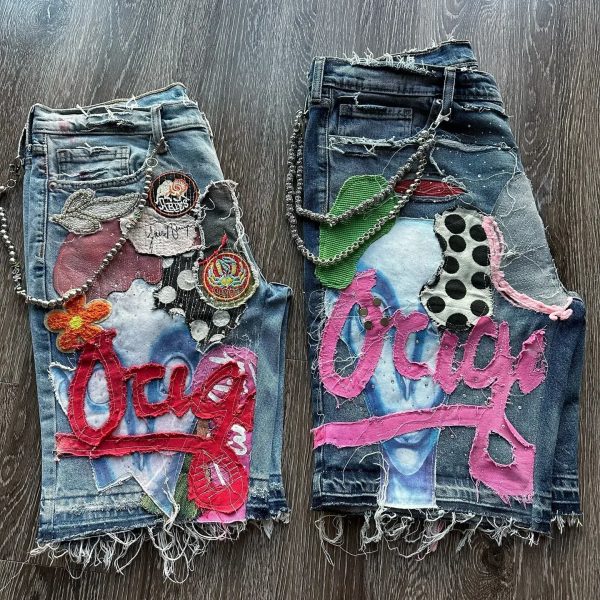 Y2K Retro Hip Hop Painted Patchwork Baggy Denim Shorts Fashion Street Gothic Punk Straight Jeans Shorts Men Women Trendy Jorts 240822