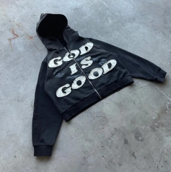 Y2K American Trend Retro God is Good Casual Street Wear Zipup Hoodie Mens and Womens Harajuku Hiphop Gothic 240822