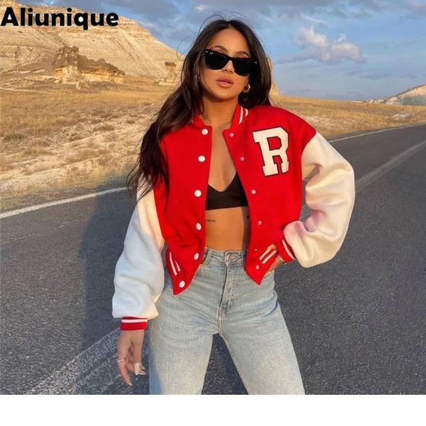 2024 Autumn Womens Long Sleeve Bomber Jackets Streetwear Y2K Female Casual Stand Collar Letters Print Coats Tops Varsity Jacket 240823