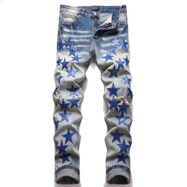 Autumn Fashion Men High Street Blue Star Embroidery Patch Jeans Mens Slim Fit Denim Pants Jeans Vaqueros Hombre 240823