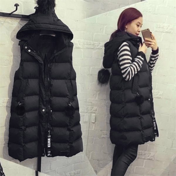 Autumn Winter Women Black Hooded Long Parkas Vest Fashion Warm Black Hooded Down Coat Parka Ladies Sleeveless Waistcoats 240823