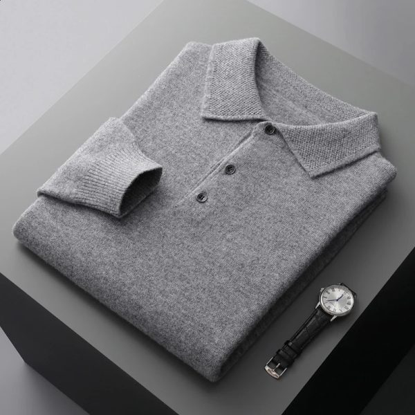 100% merino wool mens lapel pullover long sleeve POLO neck sweater loose top business casual knit bottoming shirt i240823