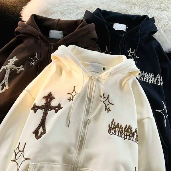 Women's Hoodies Sweatshirts Vintage Embroidery Cross Hoodies Women Harajuku Long Sleeve Zip Up Sweatshirt Hip Hop Gothic Streetwear Hooded Jacket Coat Y2k 230720