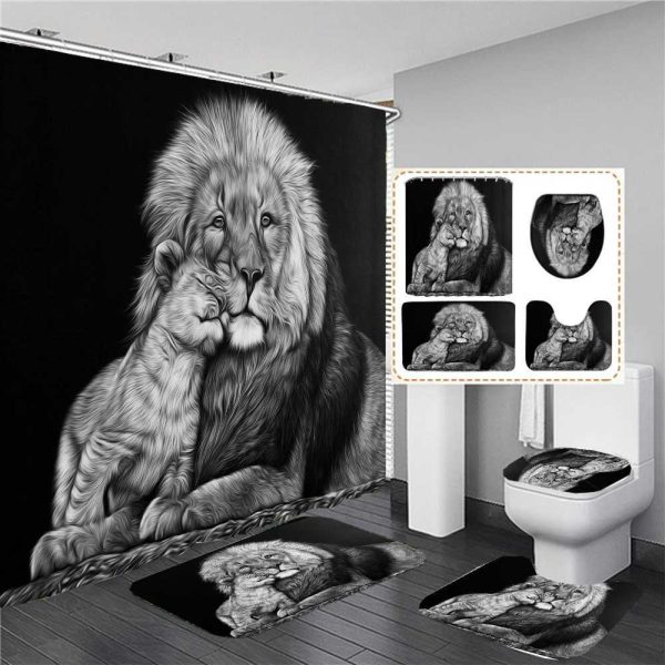 Black White lion Shower Curtain Set With 12 Hooks Wild Animals Bath Curtains Non-Slip Bathroom Decor Rug Mats Toilet Lid Covers M240824