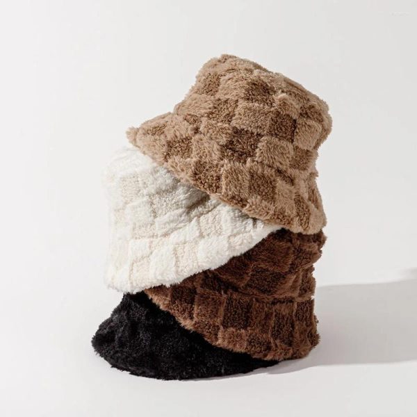 Berets 2024 Square Flat Roof Fashion Autumn Winter Leopard Fur Bucket Hat Ball Plush Fisherman Soft Warm Thick Basin Hats