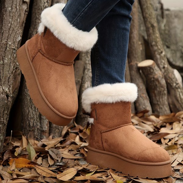 Womens Solid Color Platform Snow Boots Hook and Loop Fastener, Plush Fabric Lined, Comfortable Flat Heel, Round Toe, PVC Sole, Perfect for Casual Winter Wear