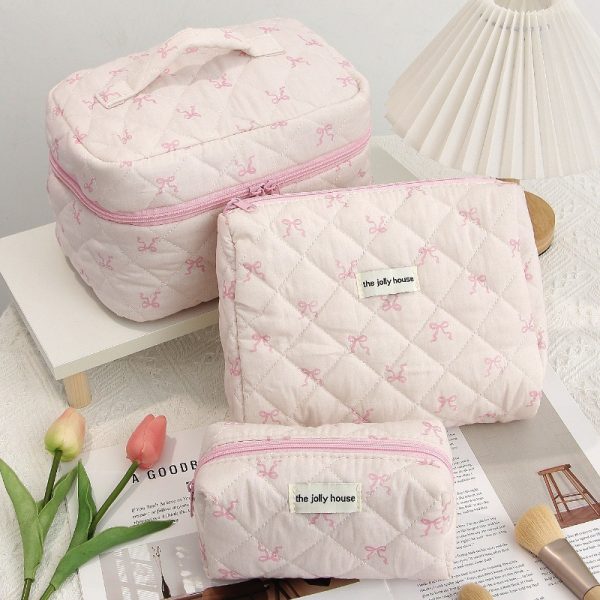 2024 New Pink Ribbon Bow Makeup Bag Korean Style Sweet Girl Student Large Capacity Toilet Bag Pillow Shaped Quilted Handbag