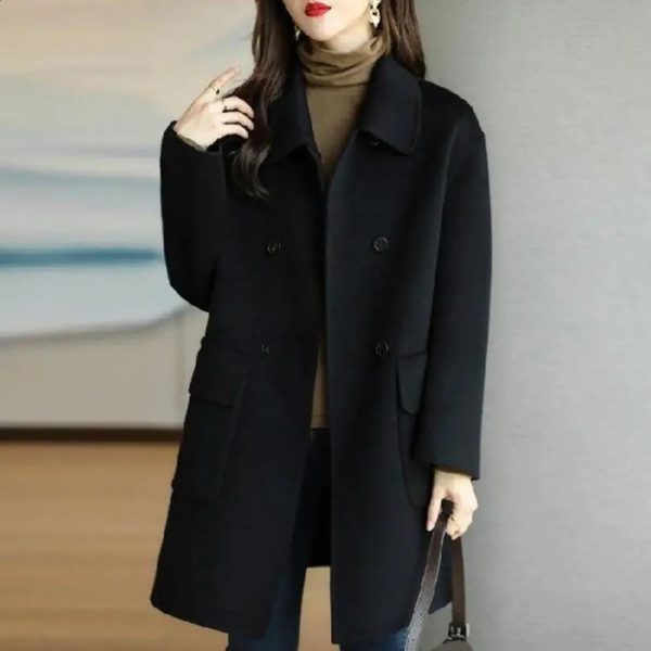 Womens wool coat womens windproof medium long collar double chest autumnwinter 240826