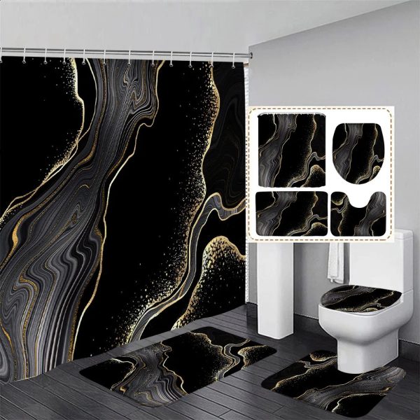 Black Marble Shower Curtain Set Gold Lines Abstract Textured Pattern Modern Bathroom Decor Non-slip Rug Bath Mats Toilet Cover 240826