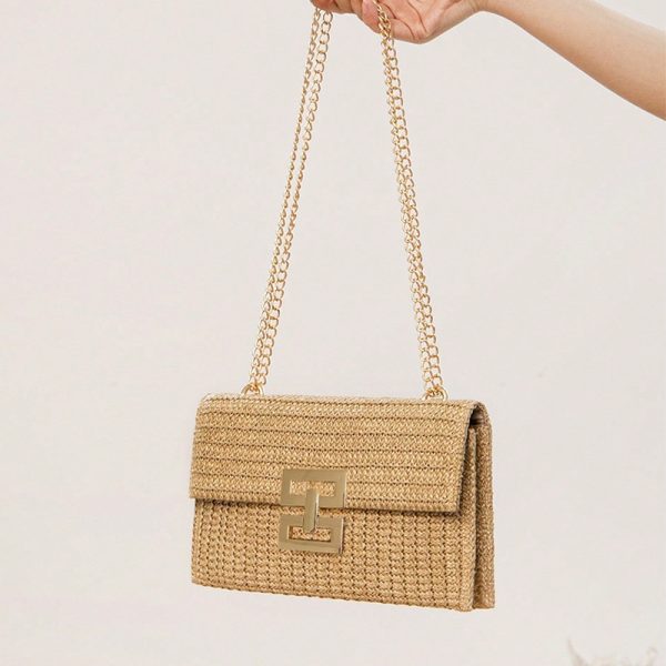 Vacation style multi layered chain flip lock straw woven bag shoulder bag