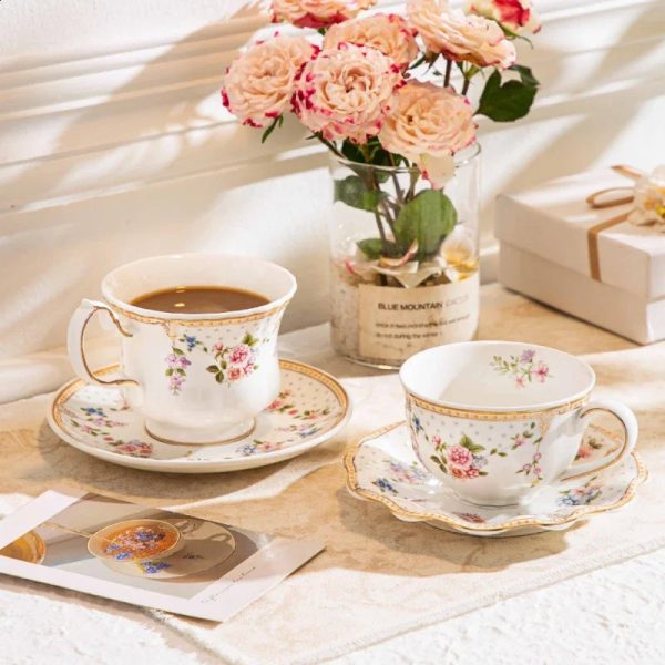 Vintage floral ceramic cup embossed rose bow tea cup coffee cup and sauce handmade vintage relaxing time milk tea cup 240827