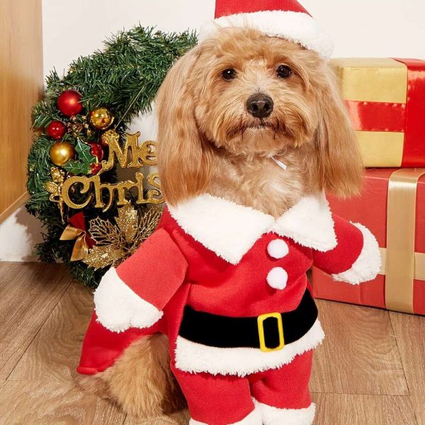 Winter Pet Christmas Santa Claus Suit With Hat, Warm Jumpsuit Coat Costume Clothes For Dogs Puppies