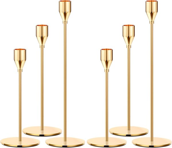 6pcs set Metal Gold Taper Candle Holder for Wedding, Dinning, Party, Fits 3 or 4 inch Thick Candle,Led Candles