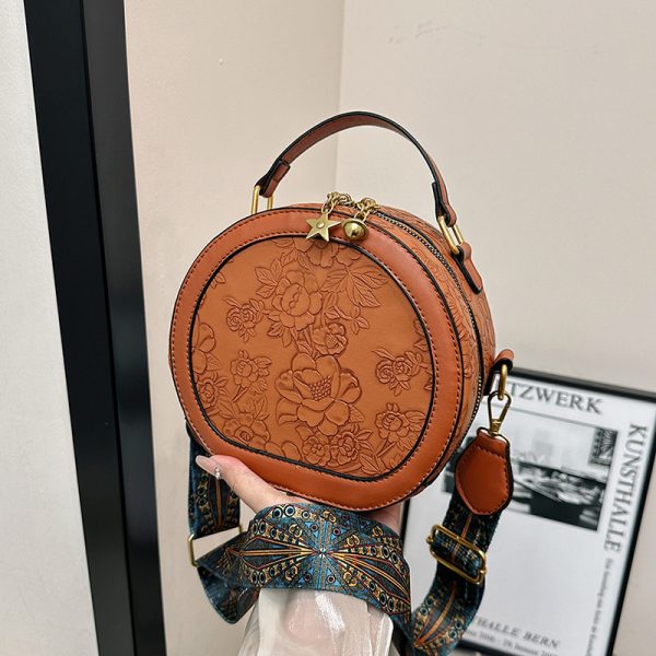 2024 early spring new round cake bag, Chinese style carved and pressed pattern fashionable handbag, single shoulder crossbody bag H82#31 kukumalu