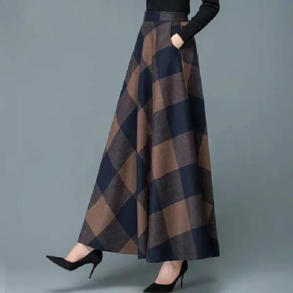 Vintage Medium-length Woolen Plaid Skirt Womens High-waisted Slimming Long Dress Autumnwinter Season 240830