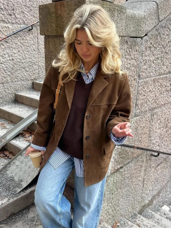 Womens chic brown casual suede jacket with collar long sleeves single chest pocket autumn solid office womens commuting top 240830