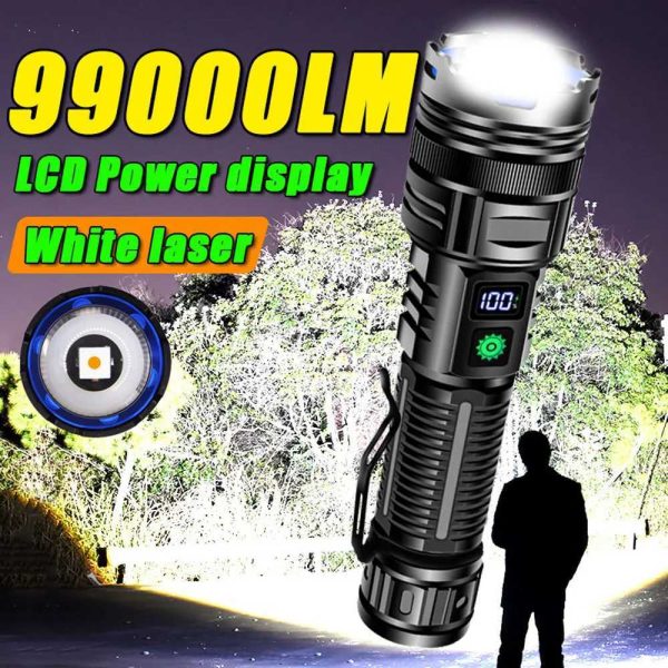 99000LM ultra bright rechargeable LED flashlight with strong light portable pen holder torch light used for outdoor camping and hiking W240902