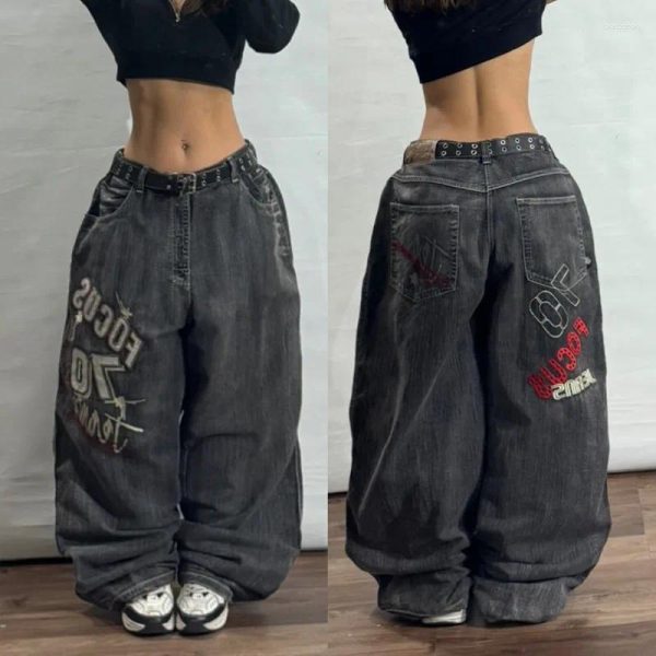 Women's Jeans Y2K Street Vintage Fashion Letters Embroidered Baggy Jean Women Gothic Hiphop Casual Couple High Waist Wide Leg Pant