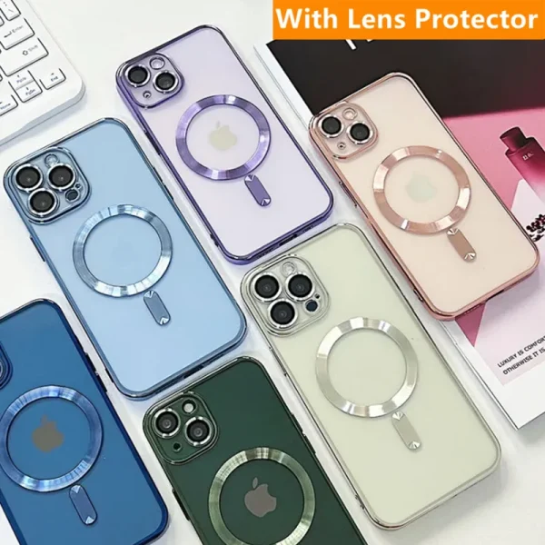 Wireless Magnet Plating Phone Case For iPhone 15 14 13 12 11 Pro Max Magnetic Soft TPU Back Cover with Camera Len Protection