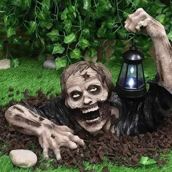 1pc Halloween Crawg Horror Decor, Scary Led Lights Zombie Holding Lantern Outdoor Figurine Light