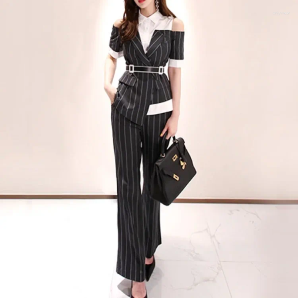 Two Piece Dress 2-piece Set Women's Clothing Cross-border 2024 Korean Style Slimming Striped Top Matching Skirt Professional Suit