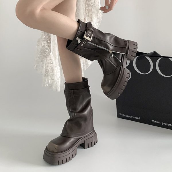 Women's Boots Brown British Style Thick Sole 2024 New Autumn Height Increasing Platform Retro Comfort Anti Slip Knight's Boots