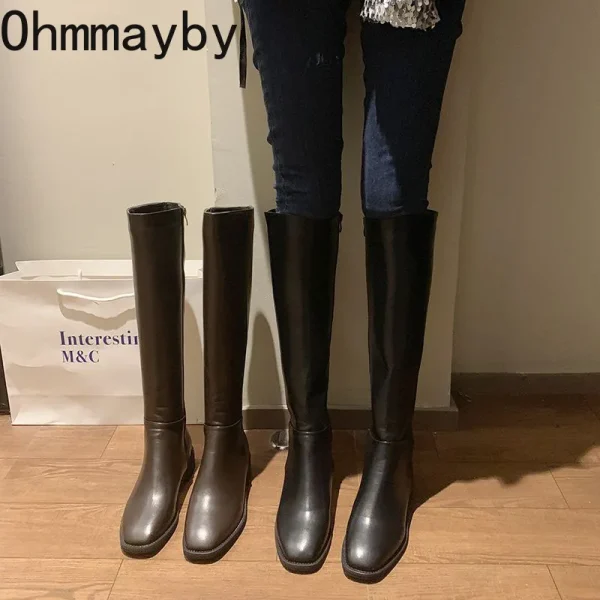 Winter Cotton Women Knee High Boots Fashion Zippers Ladies Elegant Low Heel Long Booties Winter Soft Leather Women's Footwear