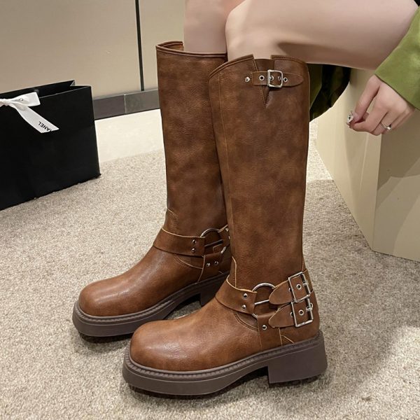 Vintage Buckle Cowgirl Western Boots Women Suqare Toe Platform Knee High Boots Woman PU Leather Middle Heels Long Botas De Mujer