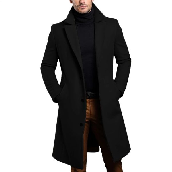 Warm And Comfortable Black Trench Coat For Mens Long Sleeve Single Breasted Overcoat Perfect For Fall And Winter 240903